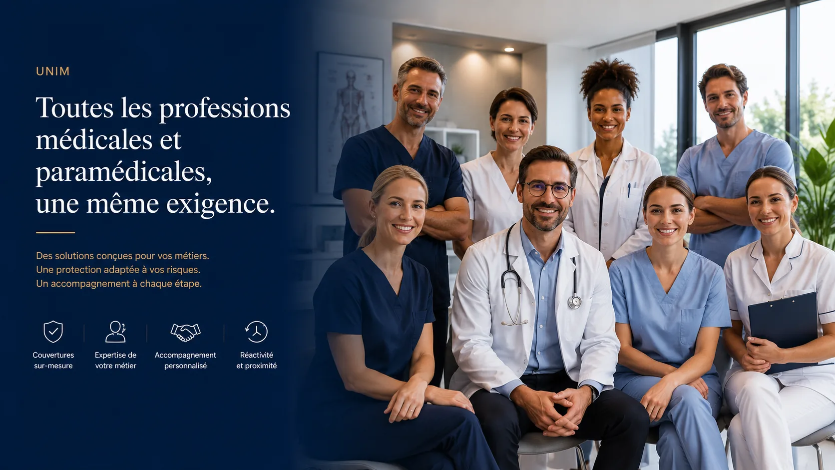 Groupe de professionnels médicaux et paramédicaux représentant la diversité des métiers UNIM