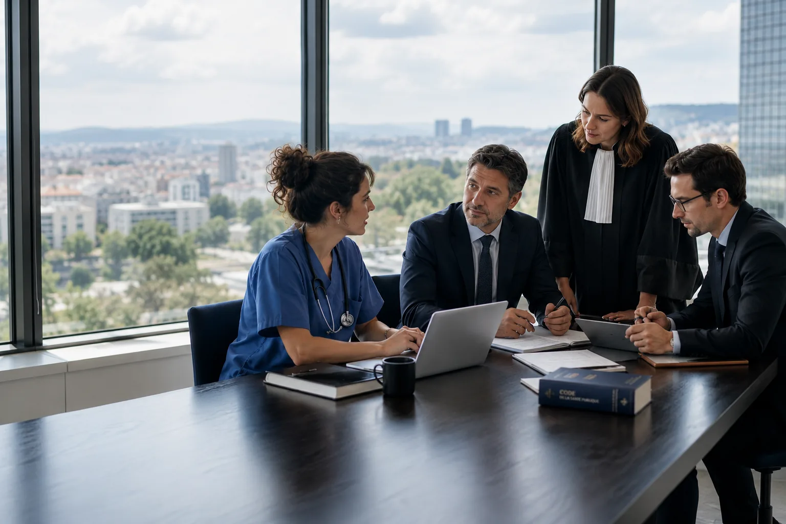 Professionnels de santé, du droit et du chiffre réunis dans un univers professionnel contemporain