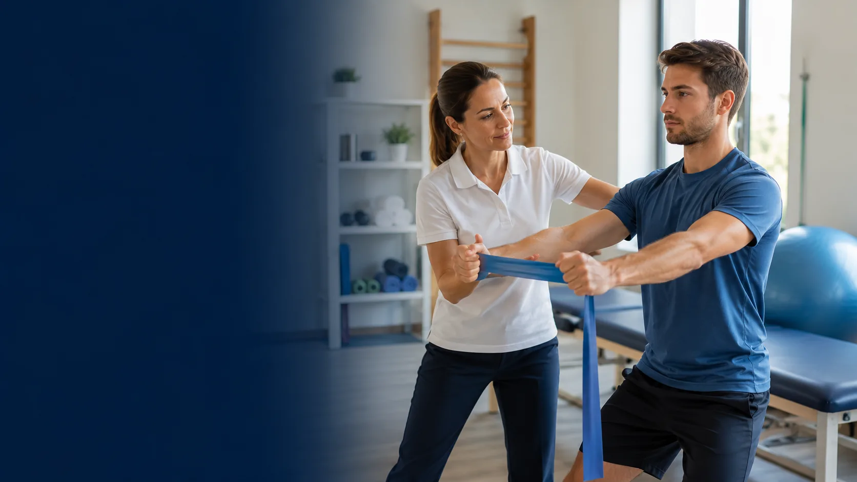 Kinésithérapeute accompagnant un patient en rééducation