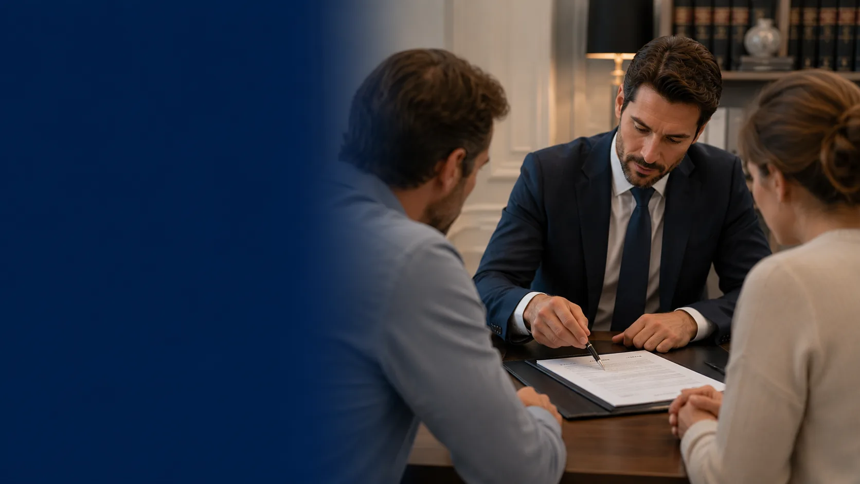 Notaire recevant des clients dans son étude