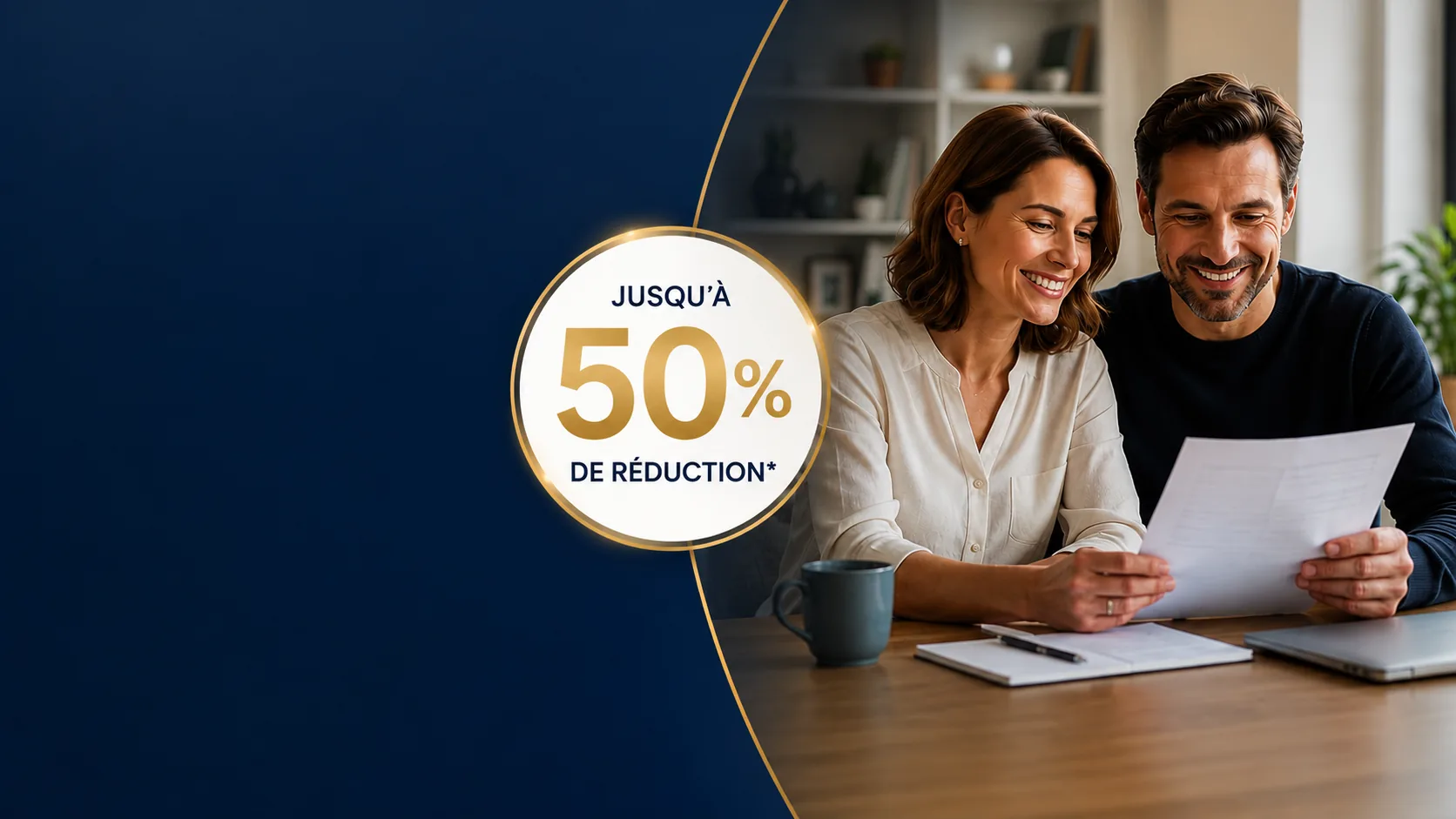 Couple consultant ses documents avec mise en avant d'un avantage jusqu'à 50 % réservé aux adhérents UNIM et UNICED